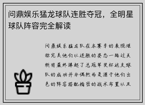 问鼎娱乐猛龙球队连胜夺冠，全明星球队阵容完全解读